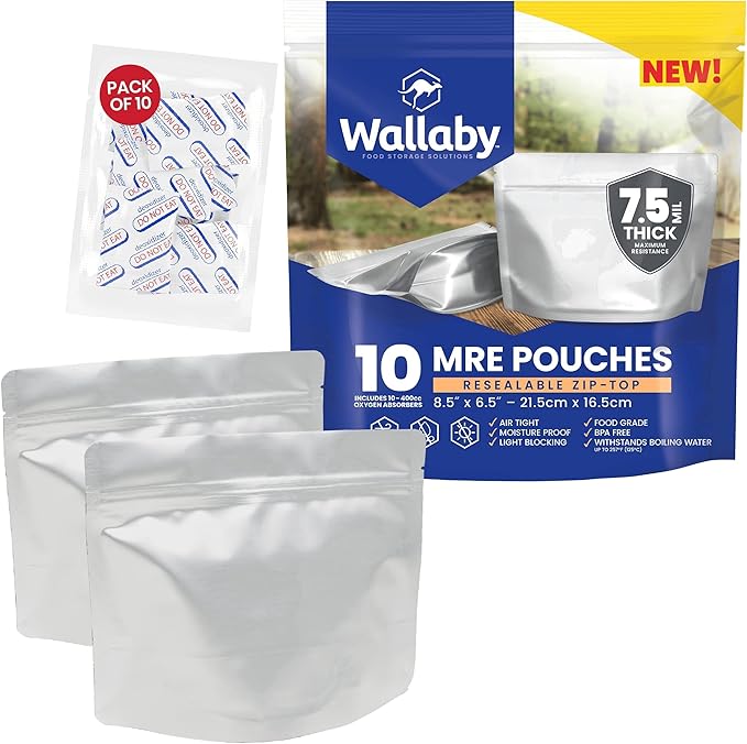 Wallaby 300cc Oxygen Absorbers - 100 Count (10x Packs of 10) + MRE Meal Prep Mylar Bag Bundle - 10x (7.5 Mil - 6.5" x 8.5’’) Stand-Up Zipper Pouches