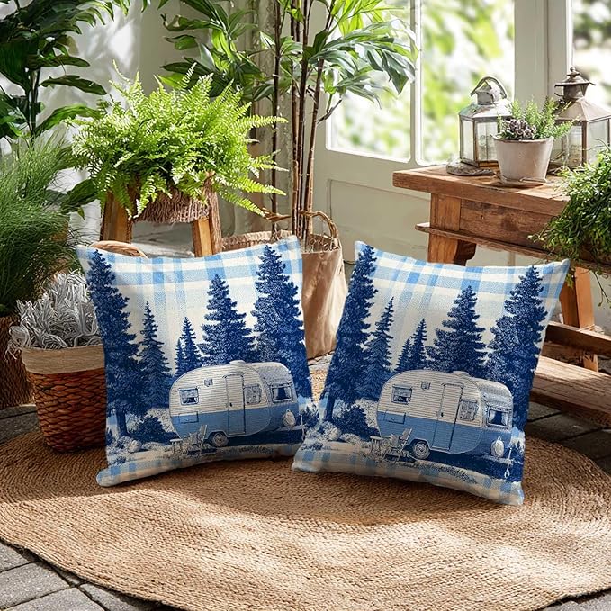 Cabin Throw Pillow Covers 18x18 Set of 2 | Rustic Camping Trailer Cushion Covers | Pine Forest Decorative Pillow Cases for Couch, Sofa, Lodge Bedroom and Lake House Decor