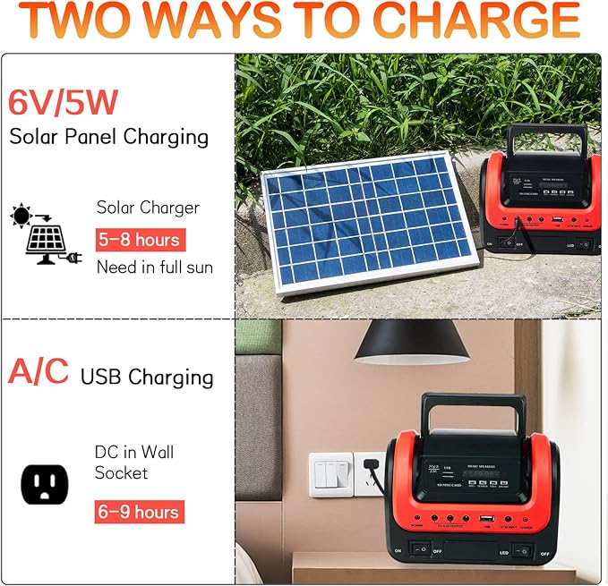 Solar Generator,Portable Power Station with Solar Panel Included,LiFePO4 Battery Mini Portable Generator with DC/USB Outlets,Quiet Generators LED Flashlight for Home Use, Camping(Red)