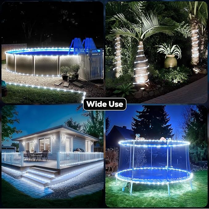 ICRGB Solar Rope Lights Outdoor, 39FT 100 LED Solar Rope Lights,IP67 Waterproof, 8 Modes, Outdoor Patio Porch Tree Wedding Christmas Pool Garden Decorative (Cool White, 39FT)