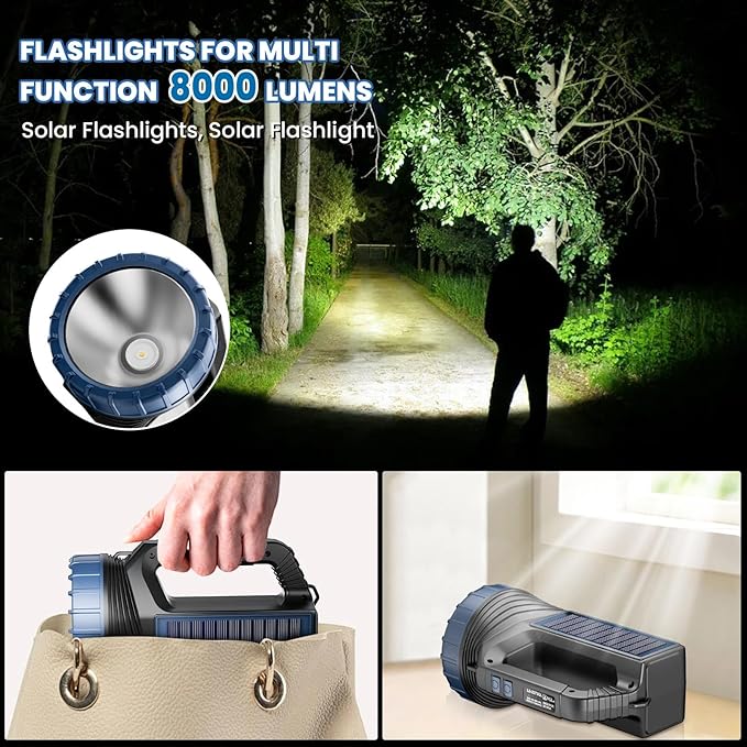 E-SHIDAI Solar Flashlight，Solar Powered Flashlight for Multi Function 8000 Lumens with Emergency，Portable Bright Camping Rechargeable Flashlights for Home, Outdoor Hiking, Power Outages（2pcs）