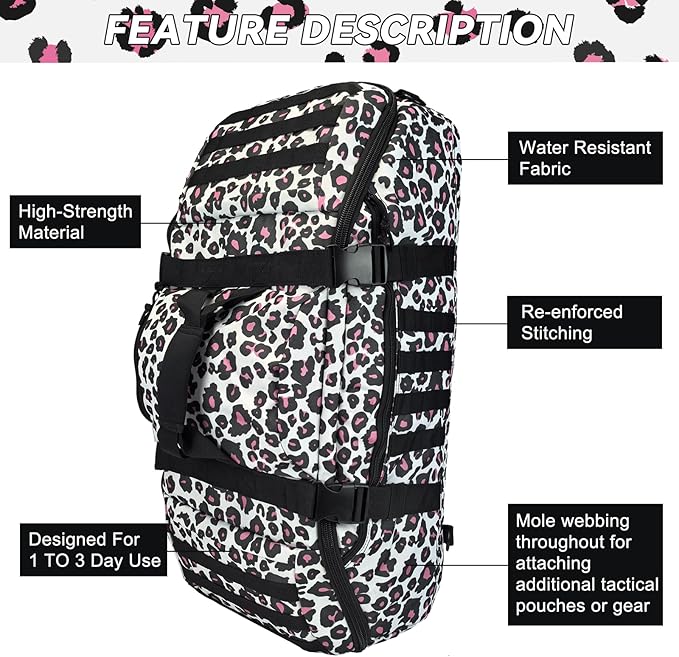 Hannibal Tactical 65L Large Duffle Bag, 3-in-1 Tactical Backpack MOLLE Pack for Sports, Gym, Outdoor, Leopard