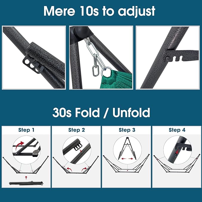 Tranquillo Foldable Hammock Stand, Collapsible Camping Hammock and Stand Set, 600 lbs Capacity Double Hammock Stand for 2 Persons, Premium Steel Stand and Breathable Polyester Hammock Net, Peacock