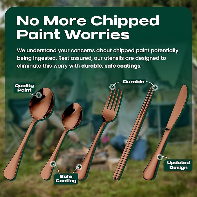 Taplord Portable Travel Silverware Set With Case, Includes 5 Pcs of Travel Utensils With Case, Stainless Steel Flatware Set For Camping, Easy to Travel, Lightweight (Rose Gold)