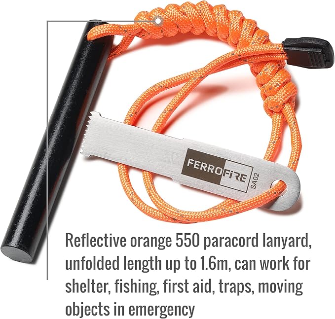 FS124 Heavy-Duty Fire Starter - 1/2 Inch Thick x 4 Inch Long Ferrocerium Rod with Magnesium, Carbon Alloy Steel Striker & 550 Paracord Handle for Survival, Camping, Emergency Kits
