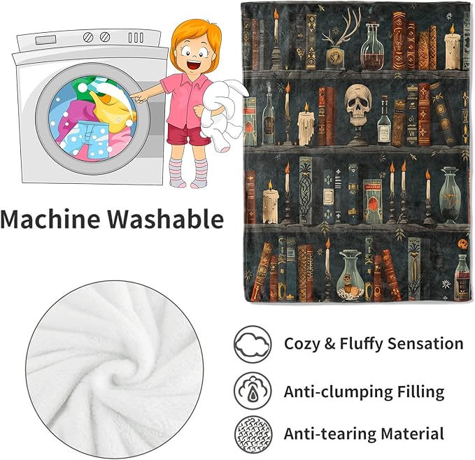 Goth Book Blanket Vintage Books & Skull Throw Blankets Gifts for Girls Women Adults Lightweight Soft Fleece Cozy for Sofa Couch Bed Room Travel Birthday Party Gothic Decor 60x80in