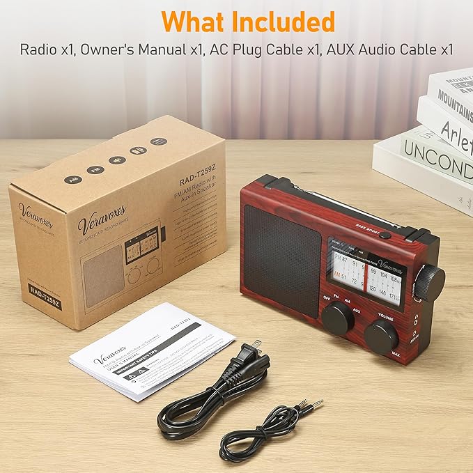 Portable AM/FM Radio with Bass Control, Equipped with a Built-in high-Power Speaker, Headphone Jack, and AUX Audio Input, Supports Battery or AC Power Operation (Red Oak Wood Grain)
