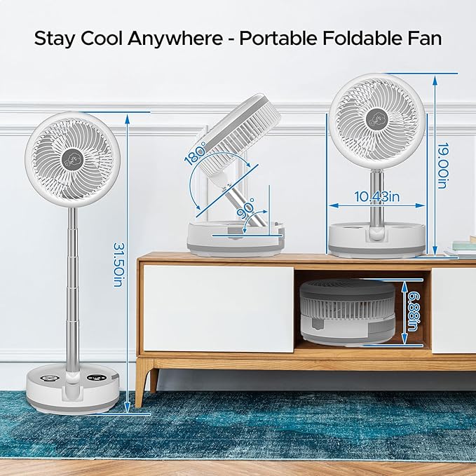 neofeel 10.43'' Portable Pedestal Standing Fan, 40000mAh 106hrs Rechargeable Oscillating Fan with Remote/1-8H Timer, RGB Lighting, Floor Fan for Bedroom Party Camping (White, 40000mAh)