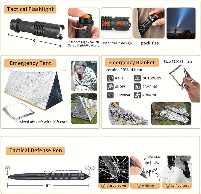 Survival Kit, 252Pcs Survival Gear First Aid Kit with Molle System Compatible Bag and Emergency Tent, Emergency Kit for Earthquake, Outdoor Adventure, Hiking, Hunting, Gifts for Men Women