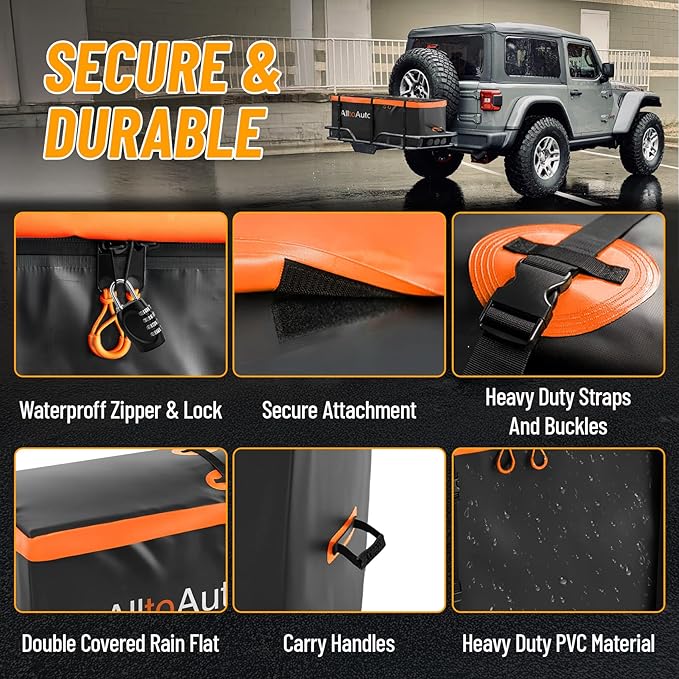 40 CuFt Waterproof Cargo Bag for Hitch Carrier | 70"x30"x33" Trailer Hitch Cargo Carrier | Weatherproof Truck Bed Storage with Straps, Lock & Carry Case | PVC Vehicle Soft-Shell Carriers
