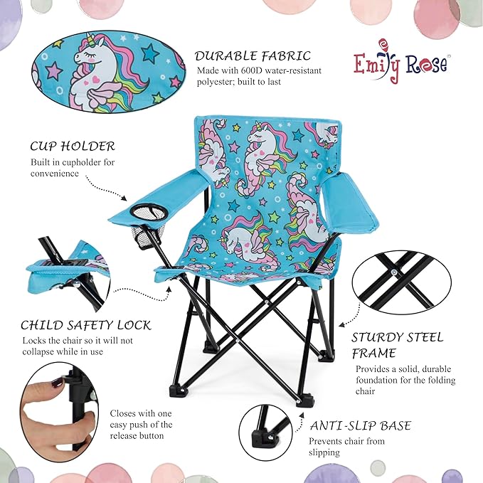 Emily Rose Sea Unicorns Kids Folding Camp Chair – Lightweight Portable Toddler Beach Chair Ages 2-7 with Safety Lock, Cup Holder & Carry Case, 125 lb Capacity for Girls Outdoor Adventures