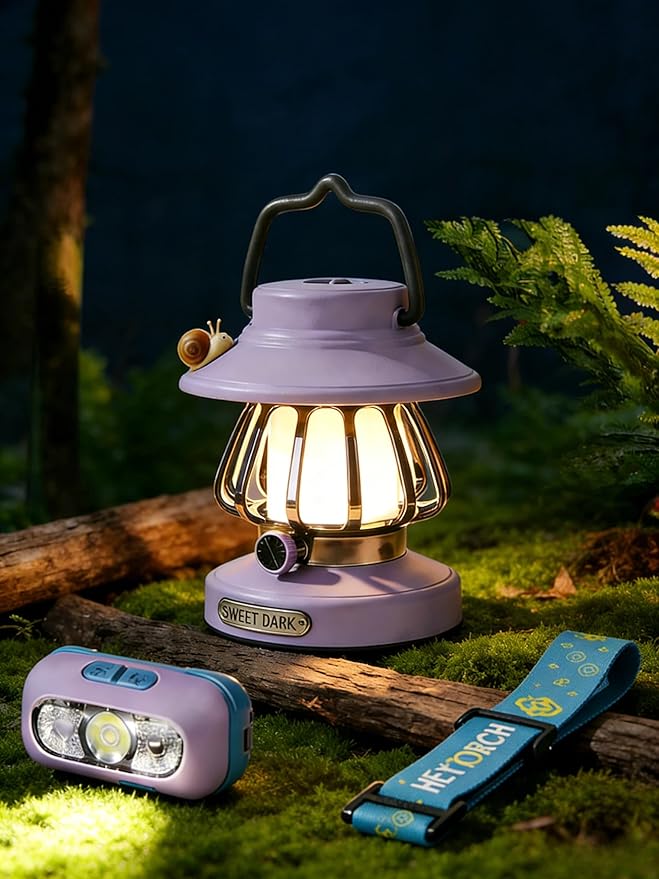 Kids Camping Light Set - Rechargeable Lantern & Motion Sensor Headlamp with USB-C Charging, 3 Color Dimmable Night Light for Boys Girls Indoor Outdoor Adventures (Purple)