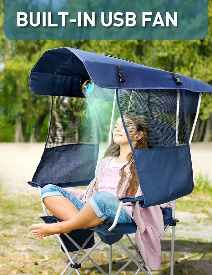 Docusvect Beach Chair with Canopy Shade and Fan – 360° Rotatable & 3-Speed Airflow, Camping Chair with Canopy and Powerful & Quiet Fan, Cup Holder, Side Pocket – Supports 330 LBS