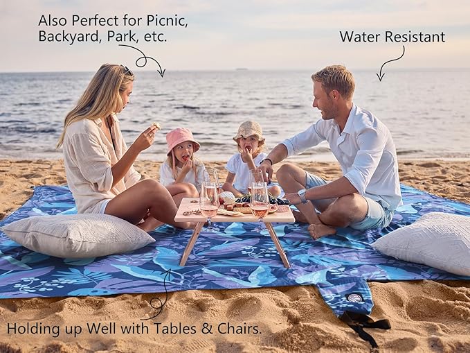 WEKAPO Beach Blanket Waterproof Sandproof Oversized, Extra Large Beach Mat Sand Free, Lightweight & Compact Sand Free Mat with 5 Stakes & 4 Corner Pockets