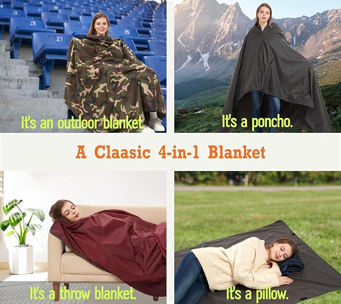 4-in-1 Large Camping Blankets - Waterproof, Windproof Fleece Outdoor Blankets for Stadium, Sports, Car, Concert - 81"x57", Portable (Royal Blue)
