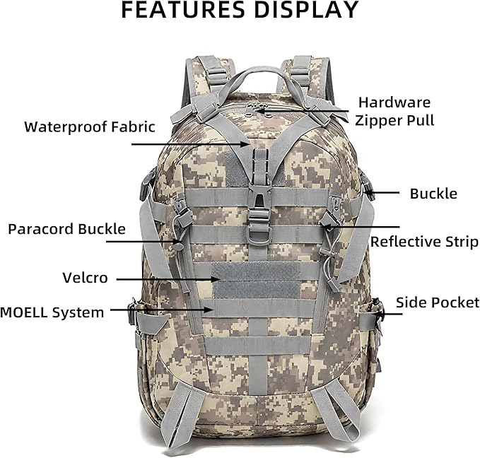 aiGear 25L Waterproof Tactical Backpack - Military Molle Assault Backpack for Men, 3-Day Combat Backpack with Water Bottle Holder(25L ACU)
