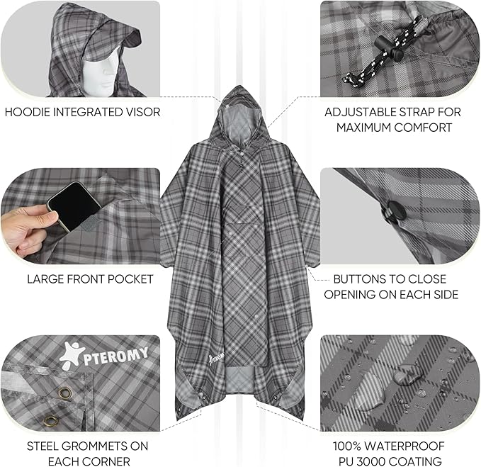 PTEROMY 3-in-1 Hooded Rain Poncho for Adult with Pocket, Waterproof Lightweight Unisex Raincoat for Hiking Camping Emergency