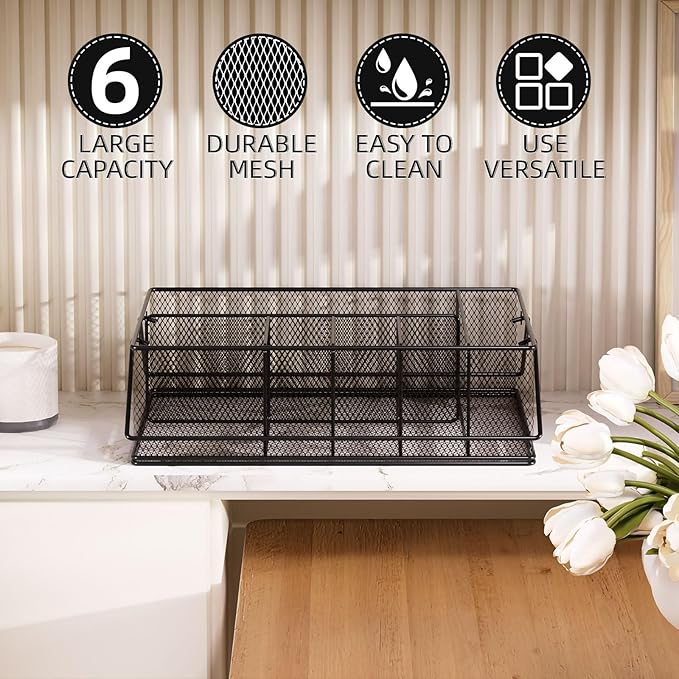 Paper Plate Organizer for Countertop, Metal Silverware Caddy with 6 Compartments for Cup, Napkin, Utensil Holder Caddy for Party, Camping, Picnic
