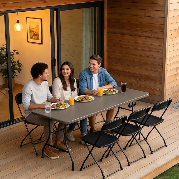 6ft Folding Table, Foldable Picnic Table Portable Table for Indoor Outdoor Use Heavy Duty Plastic Table Camping Table with Carry Handle for Party, BBQ, Khaki