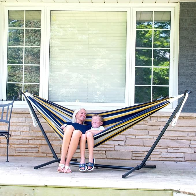 Vivere Double Cotton Hammock with Space Saving Steel Stand, Upgraded Polyester End Strings 450 lb Capacity - Premium Carry Bag Included (Serenity)
