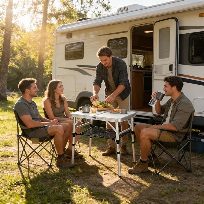 YUFIFAIRY Small Folding Camping Table, 2ft Portable Table with 3 Adjustable Heights, Aluminum Lightweight Foldable Picnic Table with Mesh Layer and Extension Legs for RV, BBQ and Indoor (Silver)