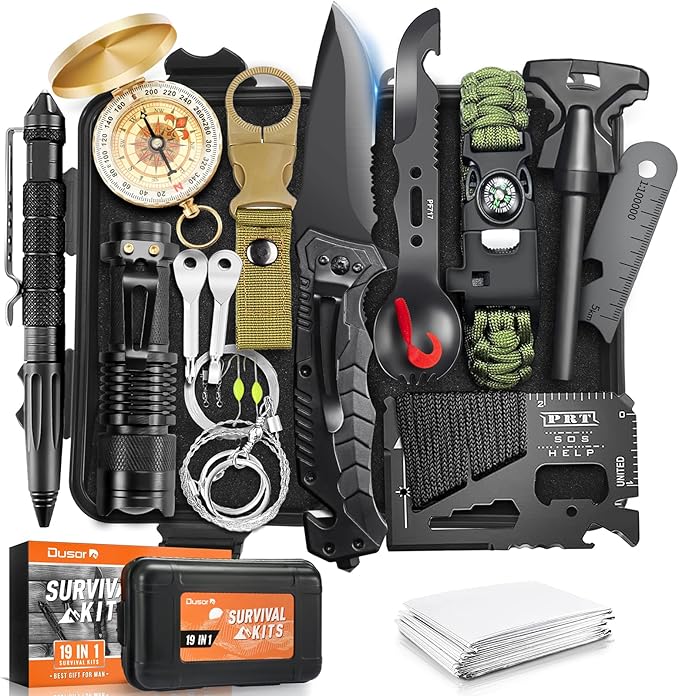 Dusor 19 in 1 Survival Kit Gifts for Men, Father' s Day Gifts from Daughter Son, Hunting Fishing Gift for Dad Husband, Fishing Gear and Equipment, Camping Essentials, Gift for Men Who Have Everything