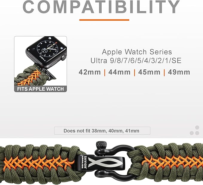 Savior Survival Gear Paracord Watch Band, Compatible with Apple Watch Band 49mm 46mm 45mm 44mm 42mm,iWatch Band Series Ultra 10 9 8 7 6 5 4 3 2 1 SE,Adjustable strap for men ( Green - Orange, X-Large)