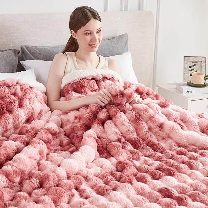 50x60 Inches Ultra-Soft Fuzzy Faux Fur Plush Throw Blanket - Thick, Warm Sherpa for Couch, Sofa, Bedroom, Camping - Decorative Blanket for Cozy Warmth, Bubble Dusty Rose Tie Dye