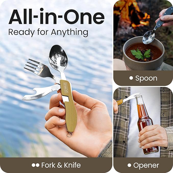 Orblue 4-in-1 Camping Eating Utensils, 2-Pack - Portable Spoon, Fork, Knife & Bottle Opener Combo Set - Stainless Steel Flatware with Detachable Fork - Travel, Backpacking Cutlery Multitool, Yellow