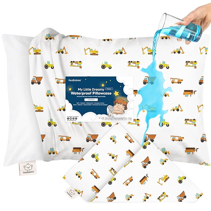 KeaBabies 13x18 Toddler Pillowcase, Waterproof - Soft Waterproof Toddler Pillow Protector Cover for Kids, Boys, Girls, Durable Machine Washable, Small Travel Pillow Sold Separately (Construction)