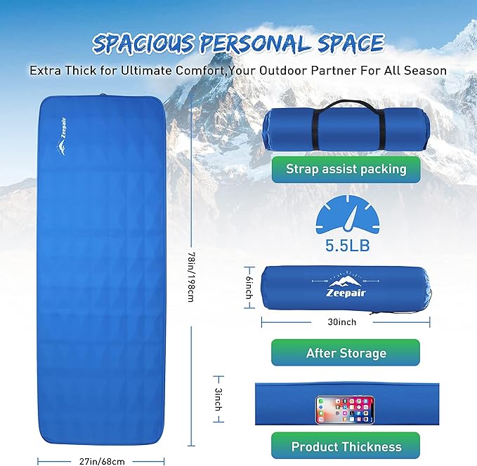Buheco Sleeping Pad for Camping, Self-Inflating 9.5 R Value 3" Ultra-Thick Memory Foam Comfort Plus Camping Mats for Backpacking Travelling & Hiking Portable Air Mattress for 4-Season Blue