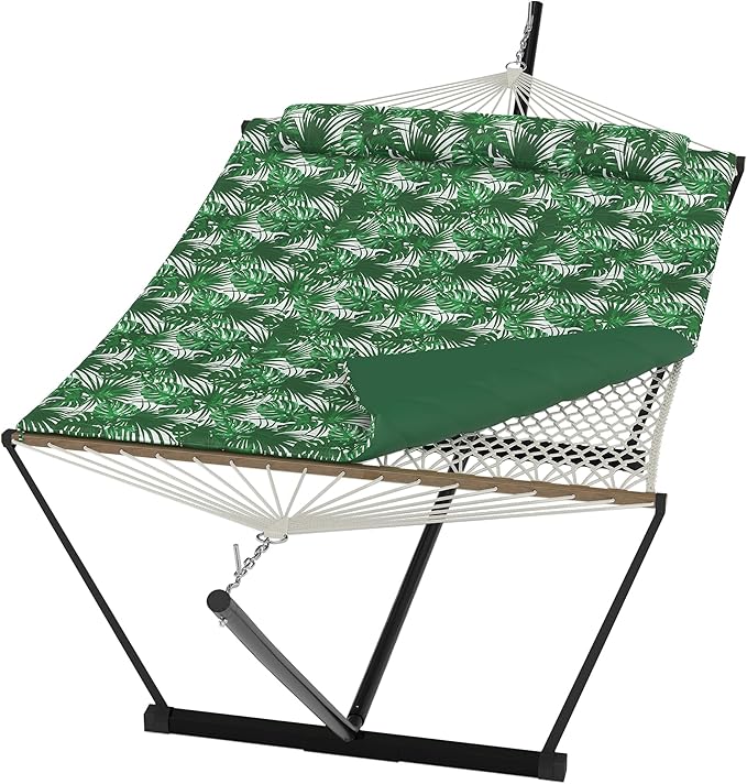 Heavy Duty 2 Person Double Hammock with Portable Adjustable Steel Stand, Outdoor Hammock with Pillow for Patio, Garden, Beach, Backyard Camping