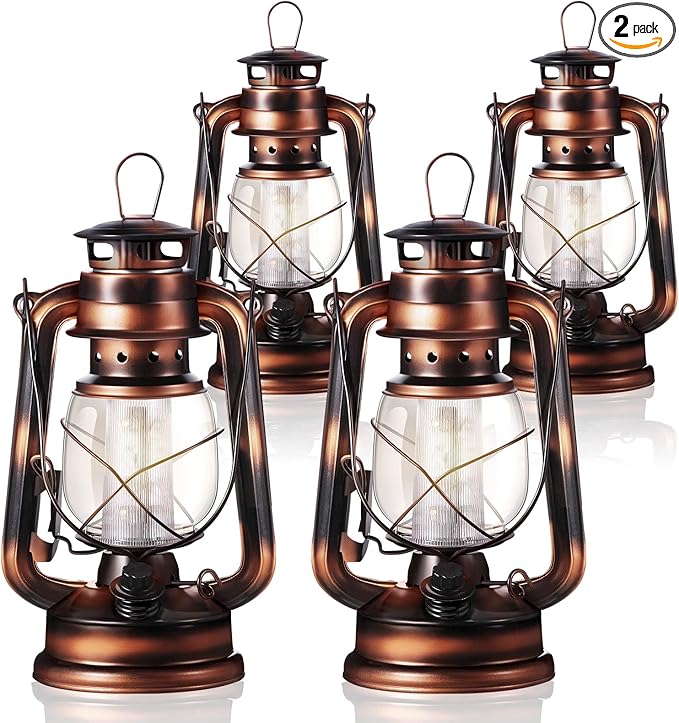 Hortsun 2 Pcs 8 Inch Vintage LED Hurricane Lantern Warm LEDs and Dimmer Switch Battery Operated Farmers Hanging Lantern for Indoor Outdoor Camping Usage Decor