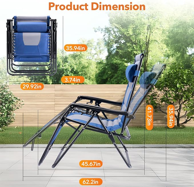 Sweetcrispy Zero Gravity Chairs, Foldable Patio Reclining Chairs with Adjustable Pillow & Cup Holder, Oversized Portable Support 400 lbs, for Backyard Camping(Blue-Gray)