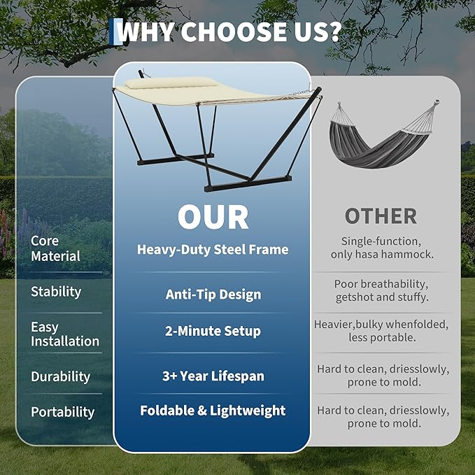 Garvee 2 Person Portable Double Hammock for Outdoor with Pillow, Heavy Duty Portable Hammock with Adjustable Steel Stand for Patio, Garden, Beach, Backyard