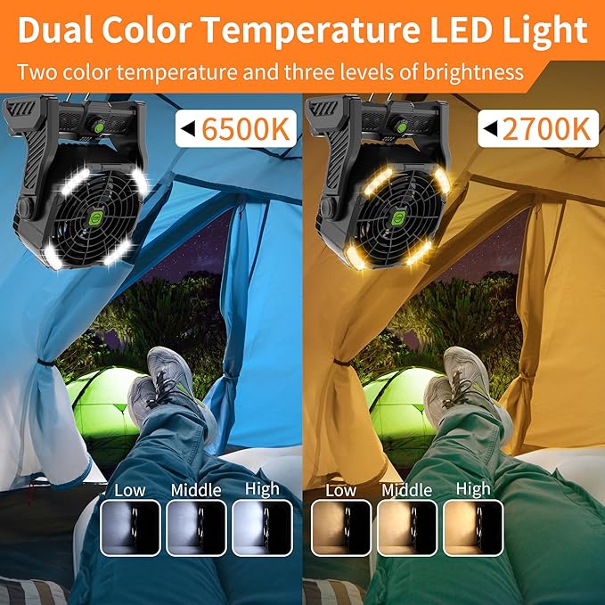 20000mAh Rechargeable Fan Portable, 270°Cordless Battery Powered Fan with LED Lantern, USB Camping Fans Battery Operated for Travel Tent Beach Fish Bedroom Desk Table