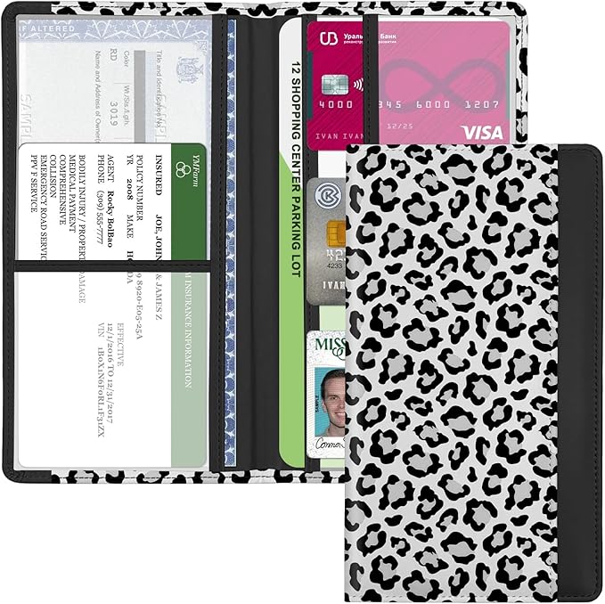 Car Registration and Insurance Holder, with Magnetic Closure for License, Cards and Documents, All Vehicle Needs and Car Accessories (Leopard-White)