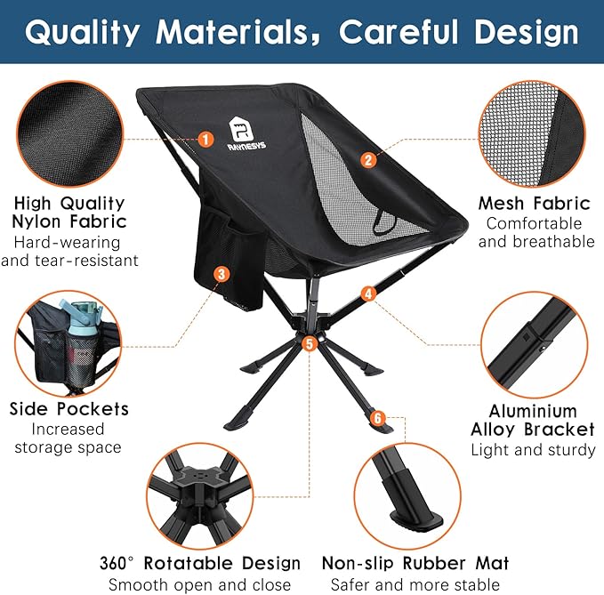 Raynesys 1 Pack Portable Camping Chair, Flexible 360° Rotation, Easy Carry, 8 Seconds Quick Setup Folding Camping Chair, 3.8Lb Lightweight Folding Chairs for Hiking, Beach, Sporting, Travel