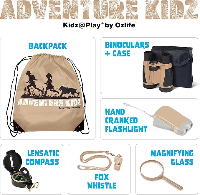 Tan Adventure Kidz Outdoor Exploration Kit, Children’s Binoculars, Flashlight, Compass, Fox Whistle, Magnifying Glass, Backpack. Great Gift Set for STEM, Pretend Play