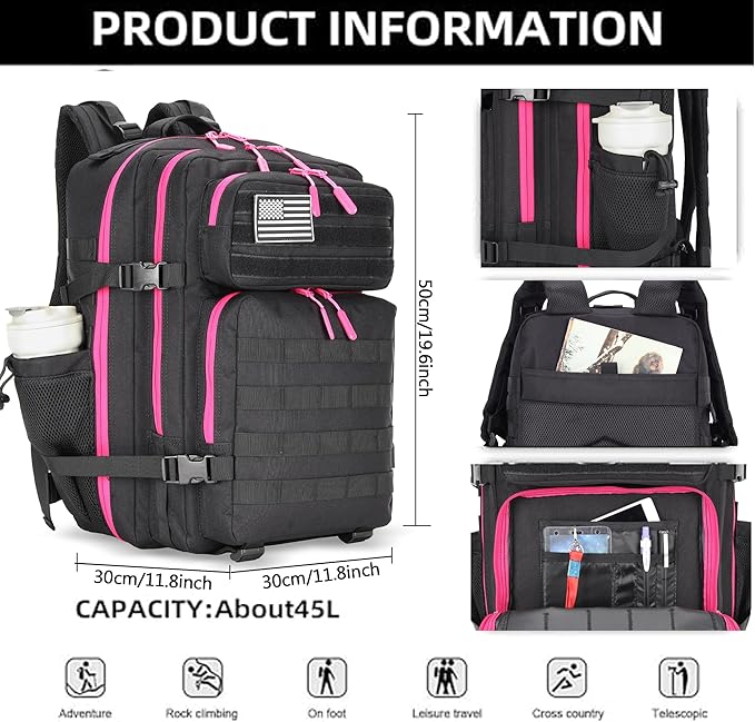 Lovelinks21 45L Tactical Assault Backpack 3 day assault pack with Molle Waterproof backpack Rucksack for Tactical Backpacks (Black Rose)