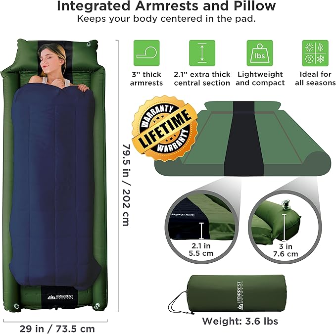 Camping Pad with Armrest & Pillow - Self-Inflating Air Mattress - Rollover Protection - Ultra-Comfortable Mat - Lightweight for Tent, Cot, Backpacking(L/XL)