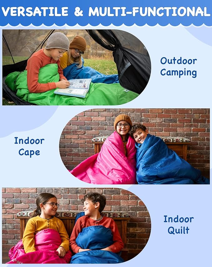 KingCamp 45°F Kids Sleeping Bag, Lightweight Waterproof & Compact Flannel Sleeping Bags Cold Weather & Warm Youth Essentials Gear Accessories for Camping, Fits 10-12 Children up to 4'7"-5'5" Tall