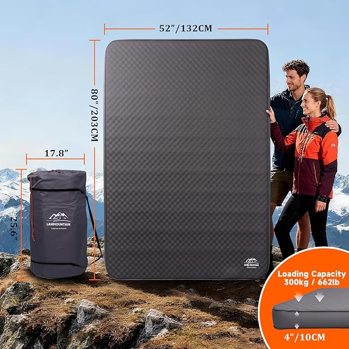 Self Inflating Sleeping Pad,Double Camping Mattress w/Detachable Electric Pump,4 - Inch Thick Memory Foam for Ultimate Comfort, Suitable for Family,Outdoor,Road Trip,4 - Season Use,Gray