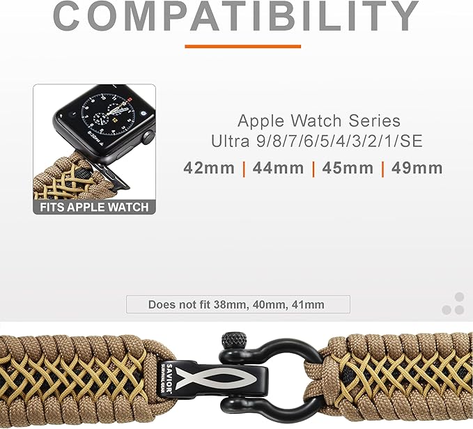 Savior Survival Gear Paracord Watch Band,Compatible with Apple Watch Band 49mm 46mm 45mm 44mm 42mm - iWatch Band Series Ultra 10 9 8 7 6 5 4 3 2 1 SE,Adjustable strap for men(Brown-Khaki-Black, Large)
