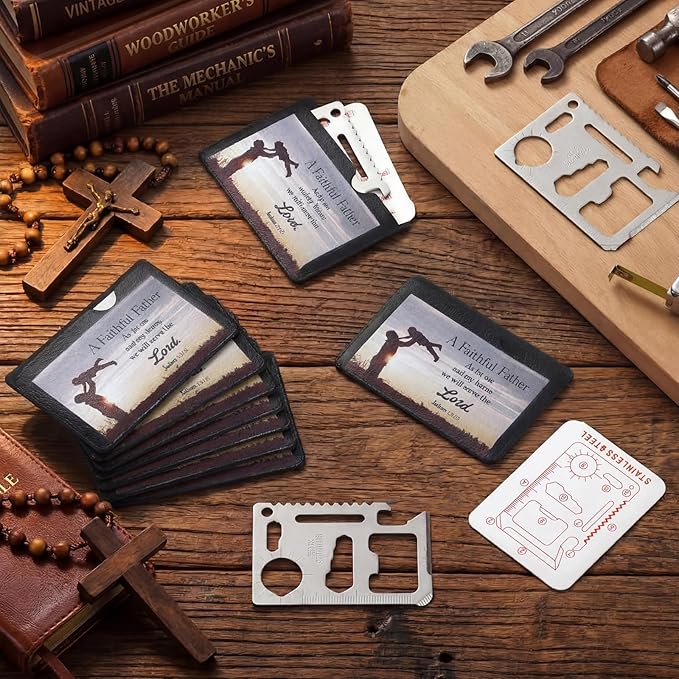 10 Pcs Faithful Father 11 in 1 Stainless Steel Credit Card Multitool Father's Day Gifts Survival Wallet Tool Bible Verse Joshua 24: 15 Pocket Tool Set for Men Church Prizes Party Favor