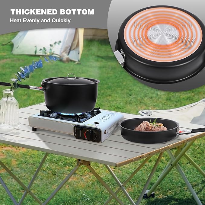 REDCAMP Camping Cookware Mess Kit with Folding Handle, Lightweight Non-Stick Camping Cooking Pot and Frying Pan with Mesh Bag for Outdoor Hiking Backpacking Picnic