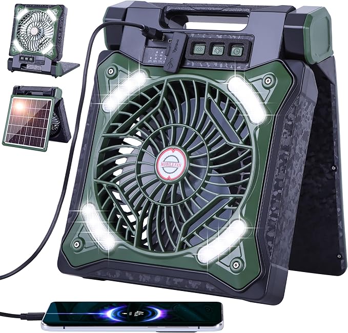 WESTTREE Solar Fan Battery Powered Rechargeable Solar Camping Fan with Led Lantern & Power Bank Foldable Angle USB Personal Fans for Travel Outdoor Camping Tents X98 Green