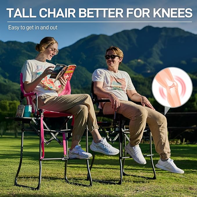 EVER ADVANCED Portable 30.7" Seat Height Tall Folding Camping Chair Directors Chair High Foldable Bar Stool with Side Table for Makeup Artist, Sports Event, Craft Show, Textilene Mesh, Supports 350LBS