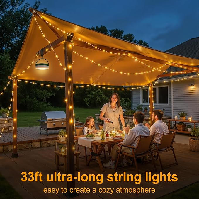 Camping String Lights, 4 in 1 Portable Camping Lights Rechargeable with 8 Lighting Modes, Remote Control, Quick Storage, 33FT Waterproof Tent Lights for Hiking, Yard, Party, Christmas Decor