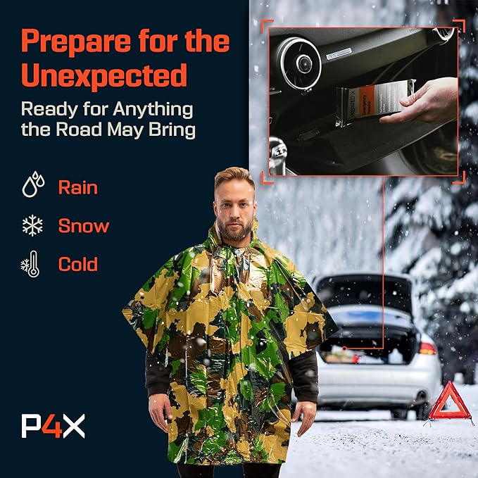 PREPARED4X Emergency Mylar Poncho – Survival Rain Poncho with Hood – Lightweight, Compact, Reusable Emergency Blanket Poncho for Hiking, Camping, Thermal Gear, Car Kit, Outdoors